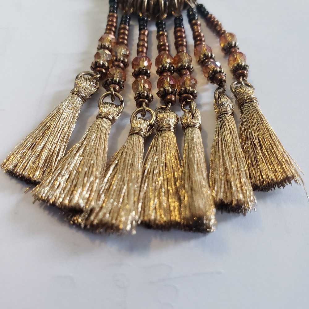 BRONZE & GOLDEN BEADED TASSEL FAUX RHINESTONE BOHO CHIC BOHEMIAN FESTIVAL EARRIN - Picture 11 of 13
